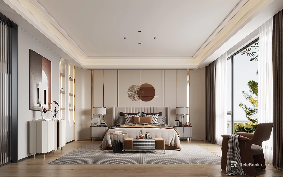 Modern Elegant Bedroom Interior With Stylish Bed Bedside Tables Table Lamps Artwork And Large Windows 3d model 
