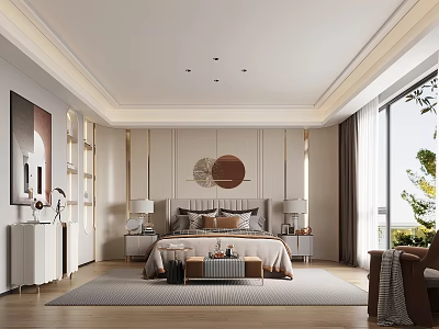 Modern Elegant Bedroom Interior With Stylish Bed Bedside Tables Table Lamps Artwork And Large Windows 3d model