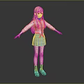 3D Anime Character Model With Orange Long Hair White Shirt And Blue Plaid Skirt