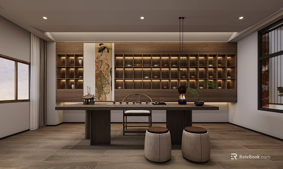 Serene Tea Room Interior With Long Table Stools Wooden Shelves Tea Sets And Scroll Painting 3d model 