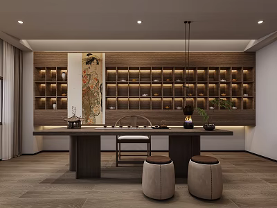 Serene Tea Room Interior With Long Table Stools Wooden Shelves Tea Sets And Scroll Painting 3d model