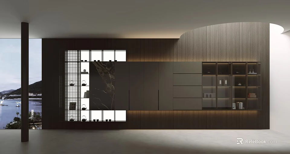 Elegant Modern Decorative Cabinet In Living Room With Glass Doors And LED Lights 3d model 