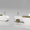 Modern White Store Front Desk With Curved Design And Decorative Plant