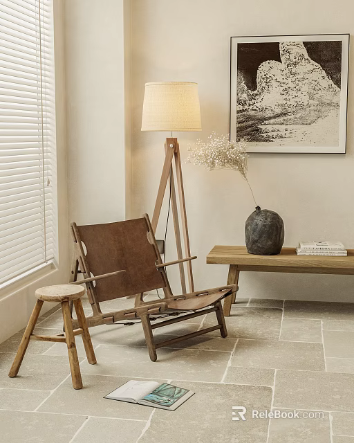 Cozy Leisure Chair with Wooden Frame Floor Lamp Side Table and Dried Flowers Vase 3d model 