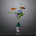 Decorative Green Wine Bottle With Red Poppies And Blue Hydrangeas Arrangement
