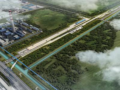 Comprehensive Aerial Planning of Industrial Area With Road Green Belt River and Buildings 3d model