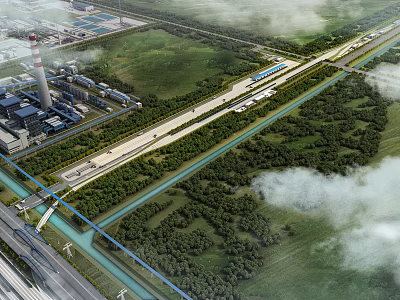 Comprehensive Aerial Planning of Industrial Area With Road Green Belt River and Buildings 3d model