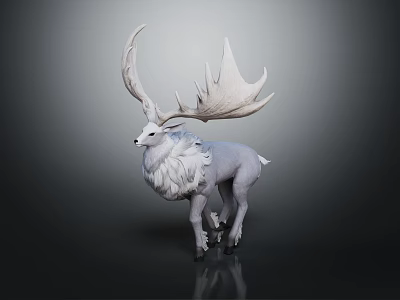 White Deer like Game and Movie Character with Large Antlers and Fluffy Fur 3d model