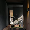 Modern Entryway Hallway Design With Dark Walls Decorative Branch Wall Sconce And Light Shadow