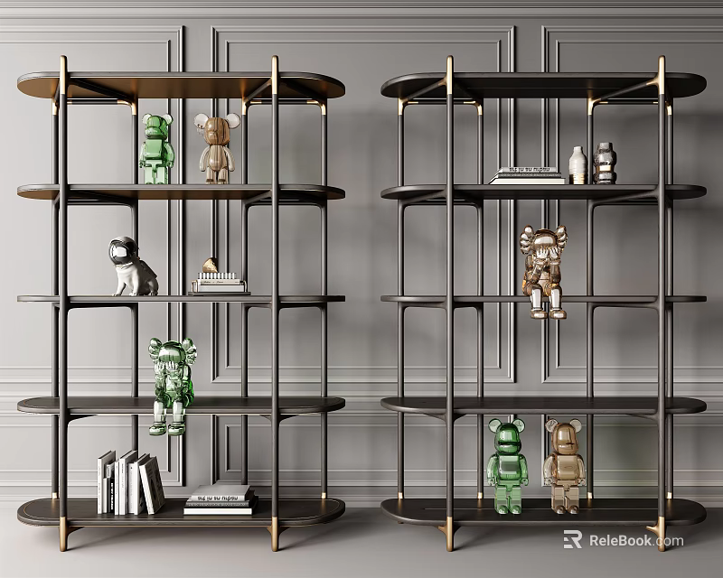 Modern Bookcase Design With Metal Frame Multi Layer Shelves Ornaments Books And Gray Wall 3d model 