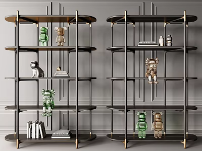 Modern Bookcase Design With Metal Frame Multi Layer Shelves Ornaments Books And Gray Wall 3d model