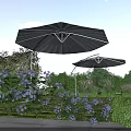 Garden Landscape With Striped Umbrellas Street Lamp Purple Flowers Green Plants And Stone Path
