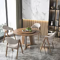 Modern Round Wooden Dining Table Set With Four Light Colored Chairs And Marble Wall 3d model