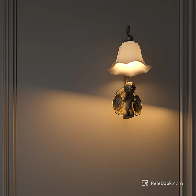 Vintage Wall Lamp with White Shade Angel Wing Design Emitting Warm Light on Wall 3d model 