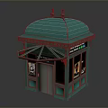 Green Roof Outdoor Kiosk With Decorative Top Windows And Posters Door