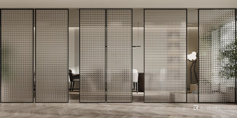 Modern Metal Grid Room Divider For Interior Space With Furniture And Lighting 3d model 