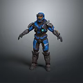 Blue Armored Sci Fi Warrior Game Movie Character With Orange Accents And Full Body Armor