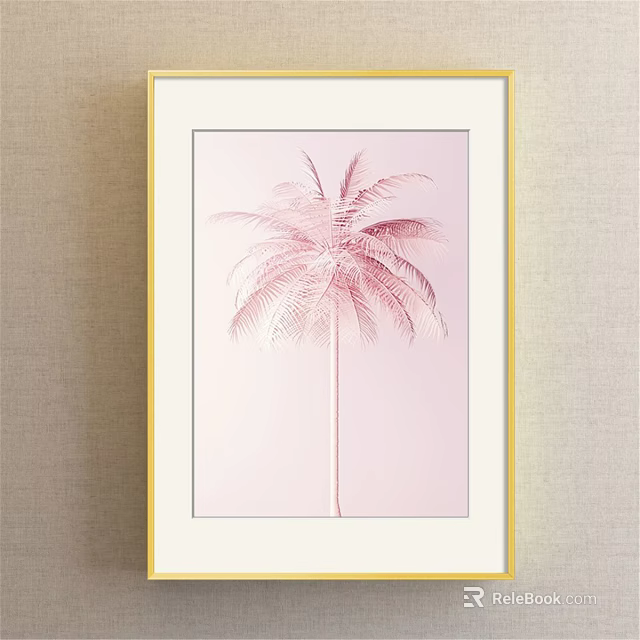Pink Palm Tree Plant Painting With Pink Background And Golden Frame 3d model 