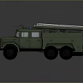 Green Military Off Road Truck with Roof Ladder Rack Blue Warning Light and Large Tires