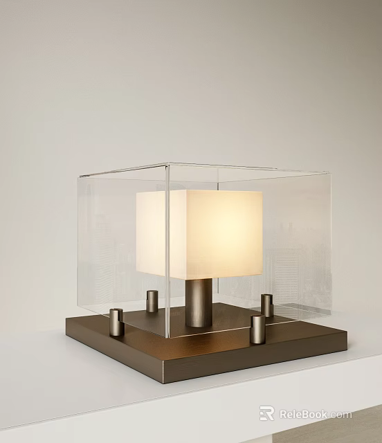 Modern Table Lamp With Transparent Cube Casing White Fabric Shade And Brushed Metal Base 3d model 