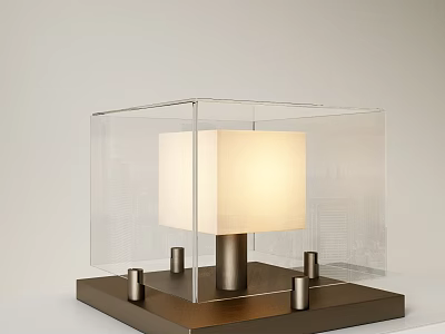 Modern Table Lamp With Transparent Cube Casing White Fabric Shade And Brushed Metal Base 3d model