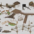 Wooden Garden Structures With Various Platforms Slides Rope Bridges Small Cabins And Grass Areas