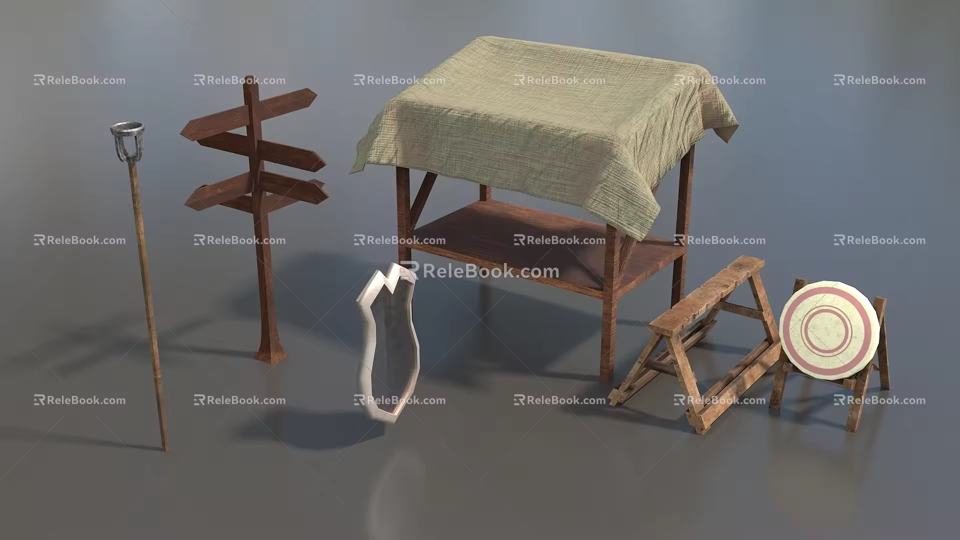 Game props simple shed target shield road signs props benches a group of props low face number low model simple model game sub-era film and television level 3d model