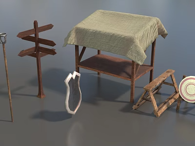 Medieval Wooden Weapon Display With Staff Shield And Cloth Covered Table 3d model