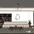 Elegant Living Room Interior With White Sofa Chandelier Oval Mirror And Patterned Rug