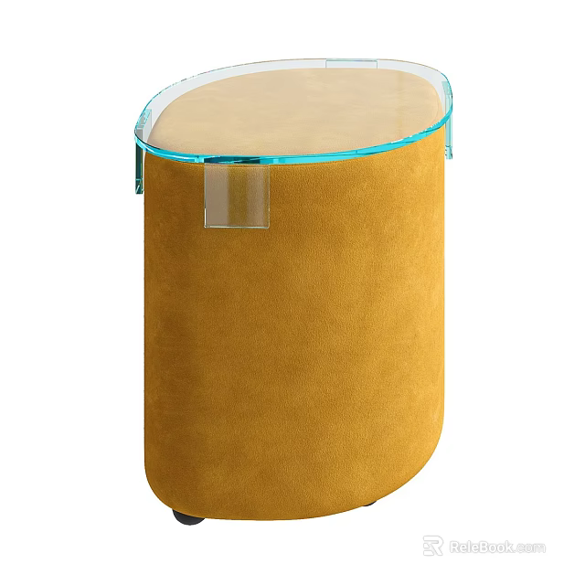 Modern Round Sofa Stool with Yellow Velvet Upholstery and Transparent Glass Top 3d model 