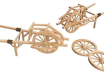 Wooden Cart Frame And Wheel Model Set With Detachable Parts 3d model