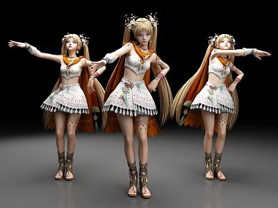 Women Posing In Decorative White And Orange Dance Outfits With Long Hair 3d model