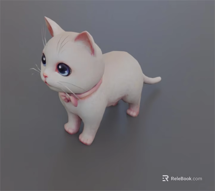 Cute White Kitten Doll Standing With Pink Bow Tie On Gray Background 3d model 
