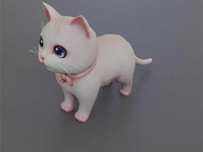Cute White Kitten Doll Standing With Pink Bow Tie On Gray Background 3d model