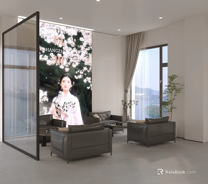 Modern Lounge Area with Glass Partition Cherry Blossom Mural Leather Sofas Floor to Ceiling Windows 3d model 