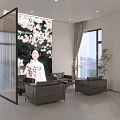 Modern Lounge Area with Glass Partition Cherry Blossom Mural Leather Sofas Floor to Ceiling Windows
