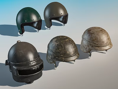 Various Style Helmets With Different Colors Textured Surfaces And Worn Designs 3d model