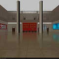 Spacious Party History Exhibition Hall With Red Banner White Columns And Blue Screen
