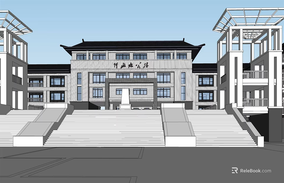 Chinese Style Modern Office Building with Traditional Roof Multi Storey Design and Front Steps 3d model 