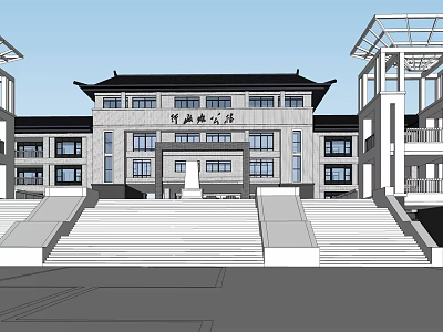 Chinese Style Modern Office Building with Traditional Roof Multi Storey Design and Front Steps 3d model