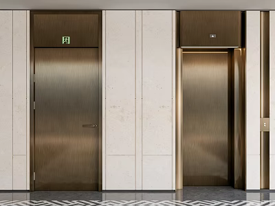 Modern Elevator Lobby With Metallic Doors Stone Walls And Geometric Floor 3d model