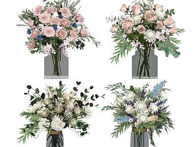 Beautiful Flower Arrangements in Glass Vases with Pink White Blooms and Green Leaves 3d model