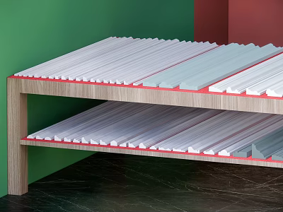 Plaster Moldings on Wooden Shelf with Various Shapes in Green and Red Wall Corner 3d model