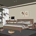 Modern Cozy Bedroom Interior Featuring Wooden Bed Decor Paintings And Natural Accents