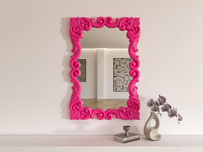 Pink Ornate Framed Mirror On White Wall With Shelf Vase And Books Reflecting Decorative Painting 3d model