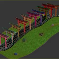 Red Torii Gates Arranged Along Green Grassy Slope With Stone Steps