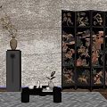 Traditional Interior Decor With Black Folding Screen Vase Branches And Tea Set 3d model