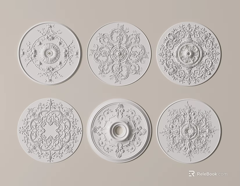 White Decorative Ceiling Medallions With Various Ornamental Patterns And Intricate Designs 3d model 