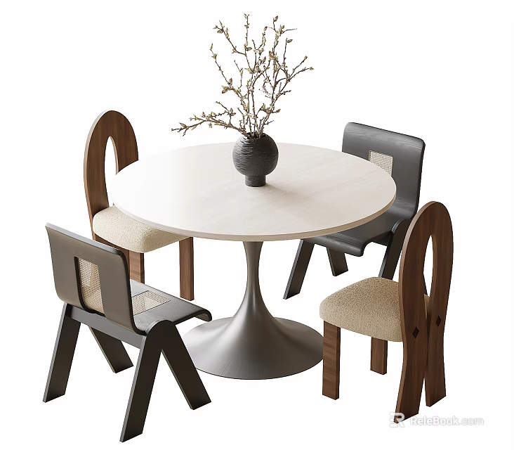 Round Table and Chairs with Light Top Silver Cone Base Wooden Backrest Beige Padded Seats 3d model 