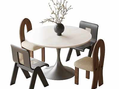 Round Table and Chairs with Light Top Silver Cone Base Wooden Backrest Beige Padded Seats 3d model